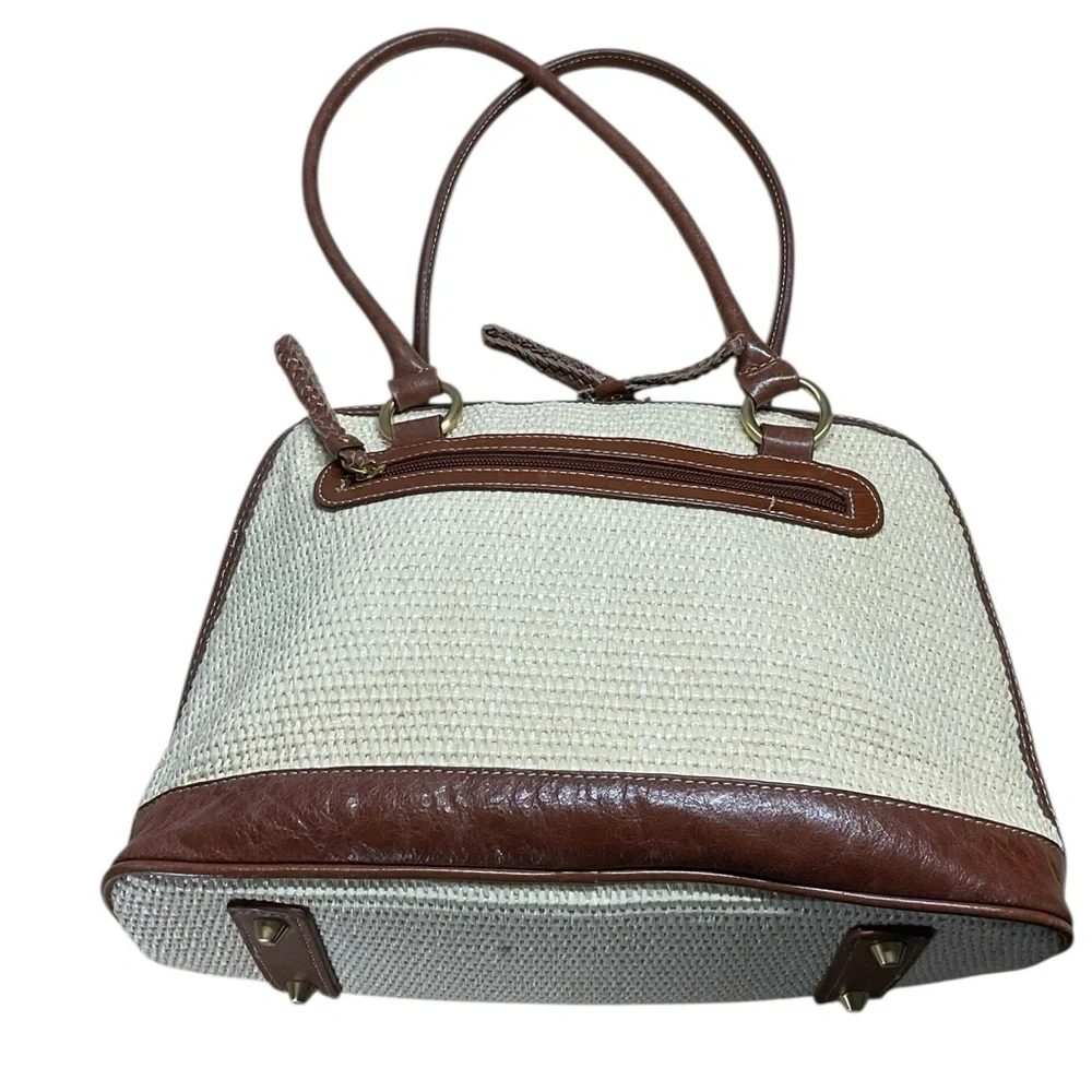 Giani Bernini Off-White Straw Top Handle Brown Leather Accent Satchel Purse Bag
